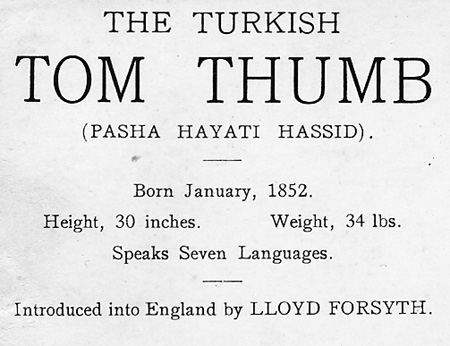 Turkish Tom Thumb: born January 1852. Height, 30 inches. Weight, 34 lbs. Speaks seven languages.