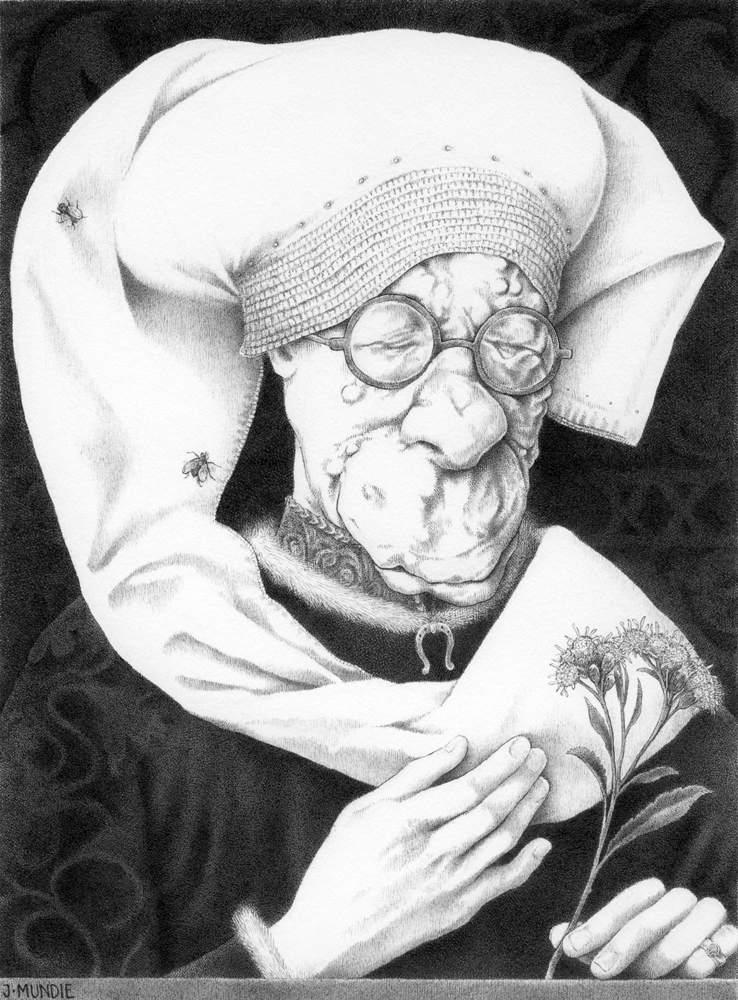 "Grace McDaniels, the Mule Faced Woman" is copyright    2017 by James G. Mundie. All rights reserved.  Reproduction prohibited. Image features a three-quarter bust portrait of a woman wearing glasses and 
an elaborate cloth wimple. Her nose and lips are disproportionately large. She holds her right hand to her chest and a flower in her left.